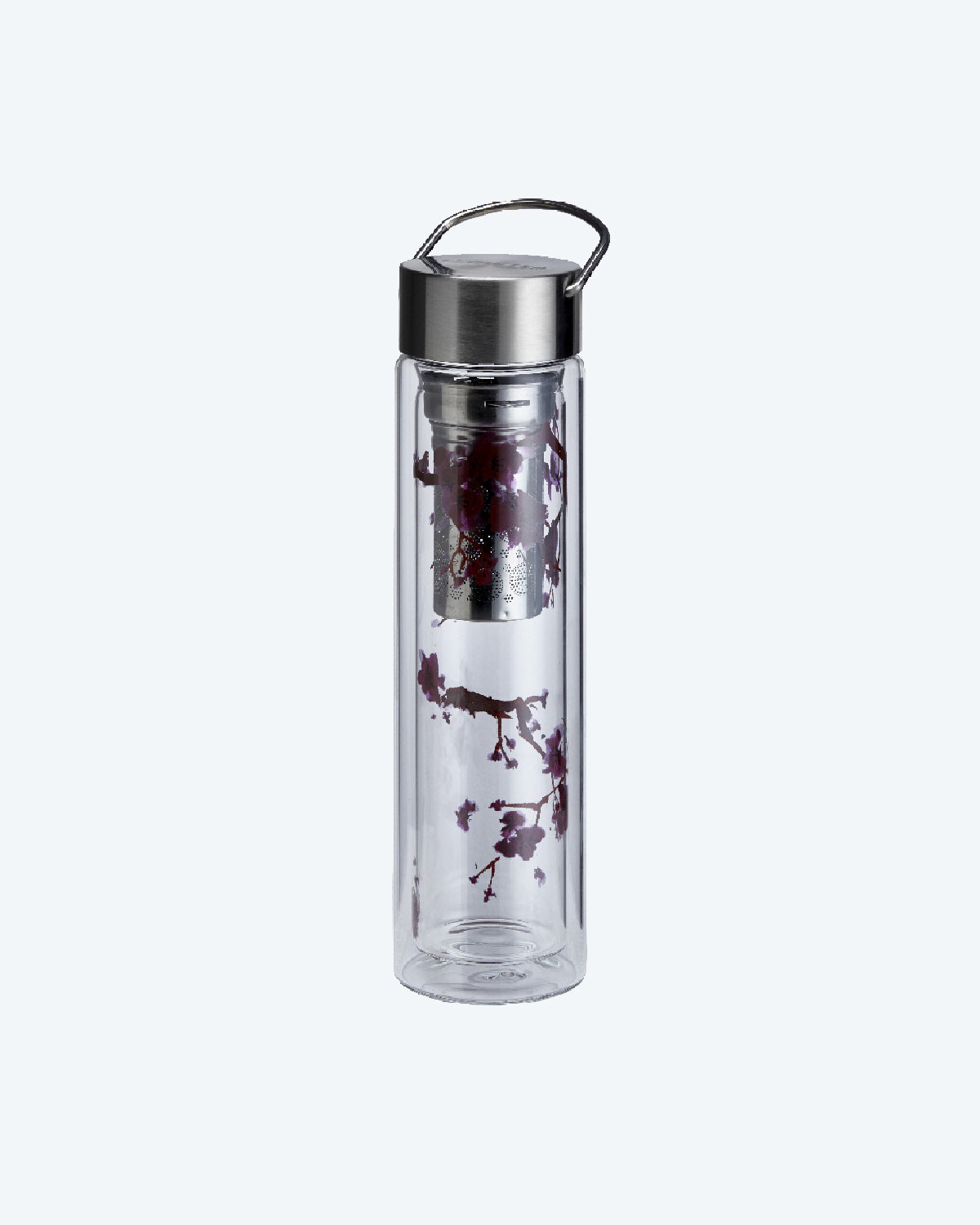 Handsome clear glass thermos with pink cherry leaf design and included strainer for making and taking loose-leaf tea on the go.