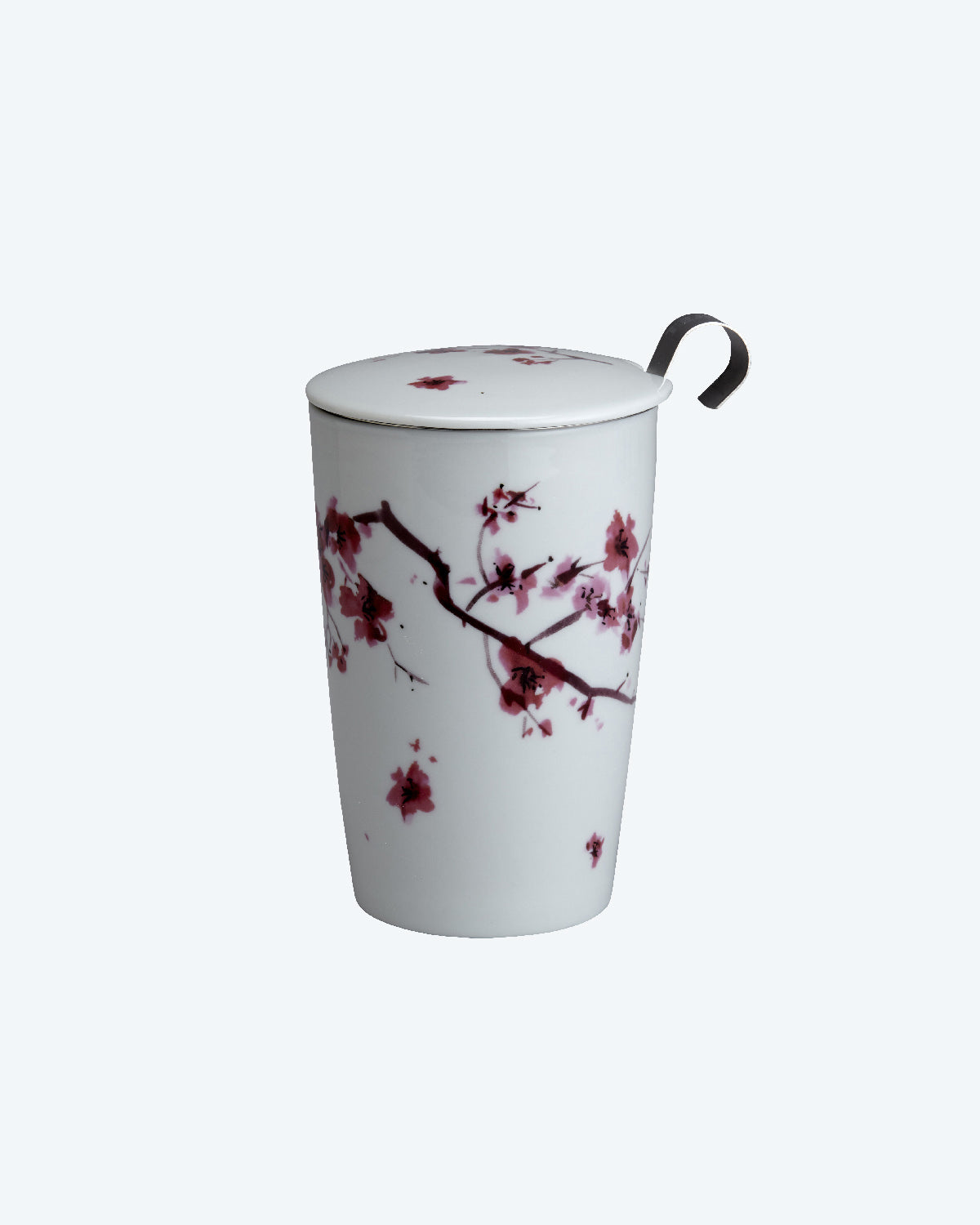 Attractive, double-walled porcelain mug, white with a design of pink cherry cherry flowers on the branch, and with included strainer, perfect for preparing and enjoying a tall serving of loose leaf tea.